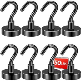 DIYMAG Black Magnetic Hooks, 50 LB Heavy Duty Strong Magnets with Hooks, Strong Rare Earth Neodymium Magnet Magnetic Hooks for Cruise Cabins Cruise Ship Essentials 8 Packs
