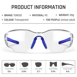 TOREGE Clear Safety Goggles - Adjustable Nose Bridge, Anti-Fog and Scratch Resistant, Lightweight with Non-Slip Rubber Grips - ANSI Z87 (Blue)