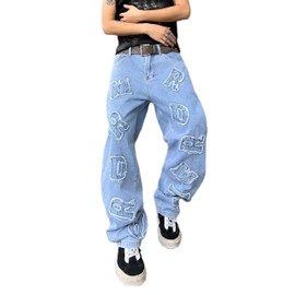 DFGIGT Mens Womens Baggy Jeans Patched Letter Badge Wide Leg Denim Pants Y2k Hip Hop Casual Loose Trousers Stylish Word Streetwear 2000s Relaxed Fit Straight Leg Skater Skateboard,A10 Blue,X-Small