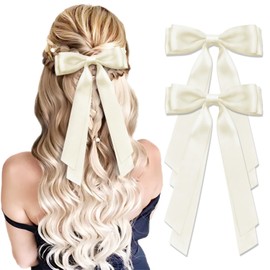 2PCS Silky Satin Hair Bows, Cute Vintage Bow Hair Clips Double Ribbon Tassel Ponytail Holder Accessories With Metal Barrette for Women (Beige)