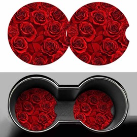 Red Rose 2 Pack Car Cup Holder Coaster Anti Slip Insert Absorbent Ceramic Car Coaster with Cork Base and Finger Notch Cute Car Accessories Interior for Women Men