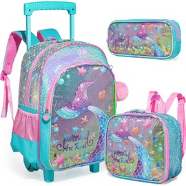 Inprof Mermaid Backpack with Wheels Girls Backpack with Lunch Box Set Kids Suitcase for Girls Preschool Wheeled Backpack with Roller Elementary Kids School Rolling Backpacks for Girls with Lunch Box