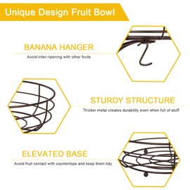 Huahong 2-Tier Fruit Basket with Banana Holder, Fruit Bowl, Vegetable Basket, Metal Standing Daily Kitchen Storage, Fruit Basket, Fruit Stand, Bronze