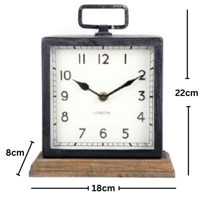 ARIATI Black Metal Handle Mentel Clock on Wood Base Distressed