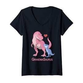 Womens GrandmaSaurus Grandmother & Baby Boy T-Rex Dinosaurs V-Neck T-Shirt