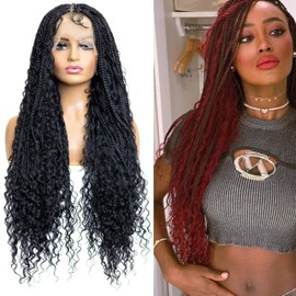 RAHELMO Micro Boho Box Braided Wig - Synthetic Knotless Braided Wigs for Black Women - Full Lace 360 Wig with Natural Baby Hair (#1B Off Black, 32")