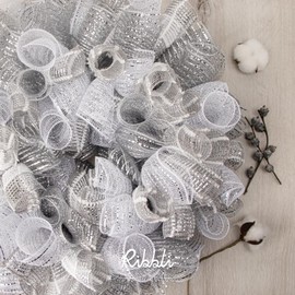 Ribbli 2 Rolls Silver Mesh Ribbon,10 inch x 30 feet(10Yard) Each Roll,Metallic Lt.Silver with Wide Silver Foil,Valentine's Day Ribbon for Wreath Swags and Decorating