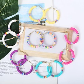 LIFKOME 6 Pairs C Shaped Clay Earrings Beaded Earings Bead Hoop Polymer Open Hoops Vacation Alloy Round Earrings