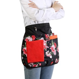 Waterproof Server Apron for Women with 7 Pockets,Quickly Put on and Take off Waitress Apron,Work Apron for Bartender Barista, Peony, Regular