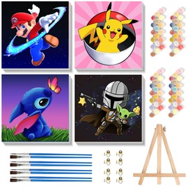 KOJEFCV 4 Pack Cartoon Paint by Numbers for Kids with Framed Canvas-with Wooden Easel, Paint by Number for Kids Ages 4-8-12, DIY Easy Acrylic Oil Painting Kits for Home Wall Decor (8X8inch)