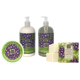 Greenwich Bay Body Care Spa Quartet - Hand Soap, Lotion, Body Butter, and Soap Bar Square - Luxurious Shea Butter Body Care in Captivating Botanical Scents (African Violet & Cocoa Butter)