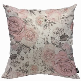 Mugod Pink Flowers and Leaves Cushion Cover Throw Pillow Covers Retro Spring Floral Branch Rose in Pastel Color Gray Pillow Case for Men Women Decorative Home Sofa Chair Couch 45x45cm/18x18 Inch