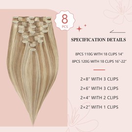 YILITE Clip-In Real Hair Extensions 45 cm 100% Real Hair Extensions Clip 18 Inches 8 Pieces 120 g Invisible Straight for Clip-on Human Hair Double Stitched (45 cm #P18/613)