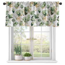 Curtain Valances, Green Golden Eucalyptus Leaves Semi Sheer Kitchen Windows Valances, Rod Pocket Short Window Treatment Light Filtering Decor Valances for Kitchen Living Room Bedroom Windows -42"x18""