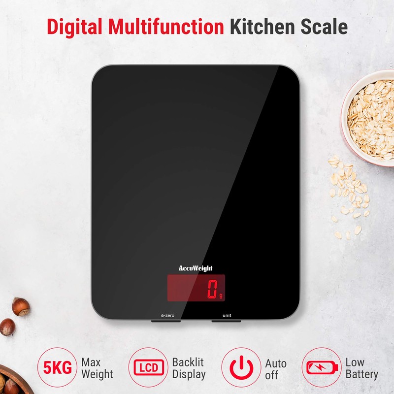 Accuweight 201B Digital Food Scale with Tempered Glass Surface, 5kg/11lb