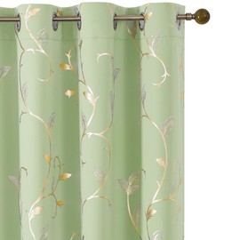 BUHUA Blackout Curtains Gold Foil Print Flower Vine Grommet Drapes, Room Darkening Thermal Insulated Curtains, Noise Reducing Curtain for Bedroom, Grass Green, 52Wx72L, 2 Panels
