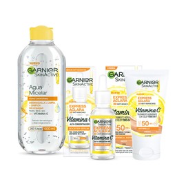 Kit Garnier Express Aclara Rutina anti manchas con Vitamina C: Sérum facial, agua micelar y todo-en-1 tono medio con FPS, 3 piezas. Hidrata, ilumina y unifica el tono de la piel