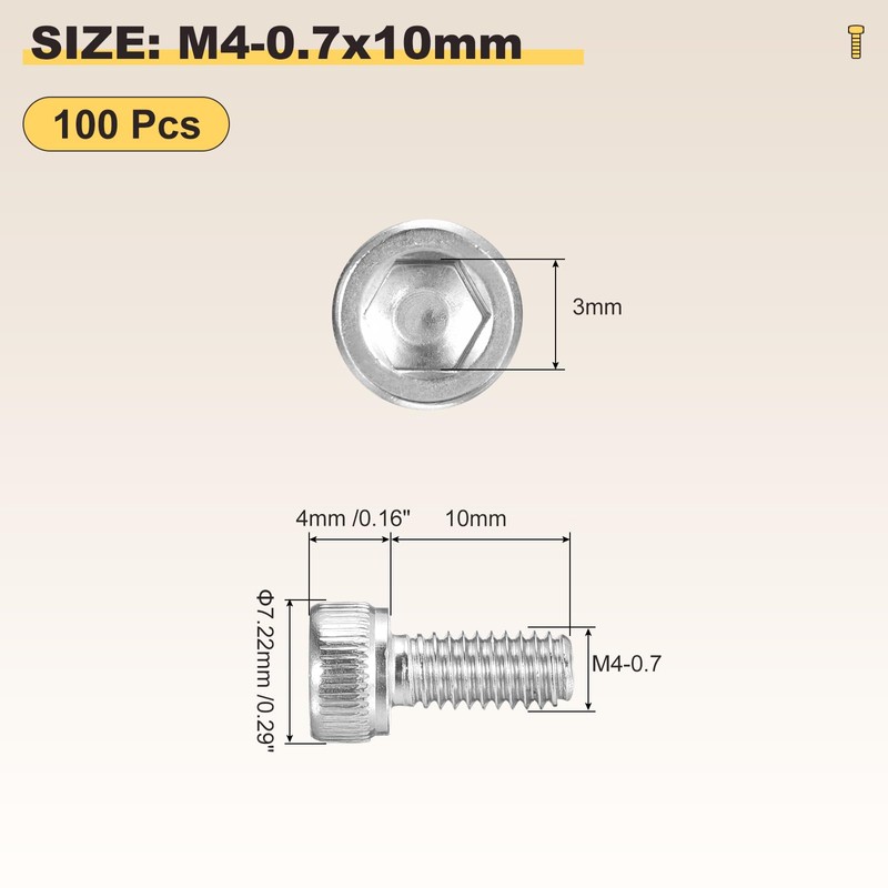 METALLIXITY Socket Head Cap Screw(M4-0.7x10mm)100Pcs, 304 Stainless Steel Allen Socket