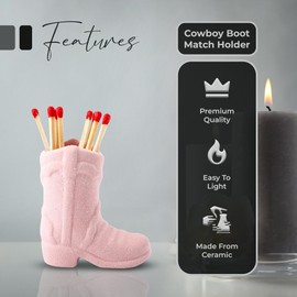 Cowboy Boot Match Holder with Striker – 1-Pack Pink Ceramic | Handmade Western Cowgirl Decor for Rustic, Farmhouse, or Aesthetic Homes