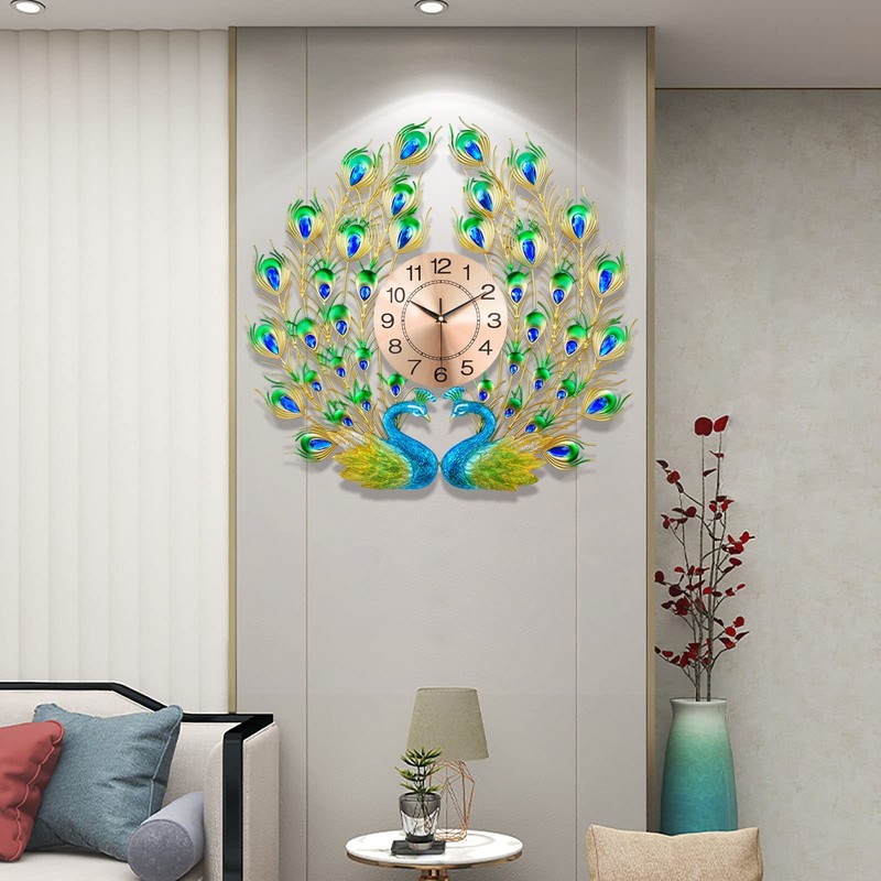 FMTAD Large Peacock Wall Clock Silent Non-Ticking,3D Creative Luxury Decorative