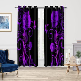 Jekeno Rose Flower Blackout Curtains Black Purple Roses Pattern Print Privacy Drapes Decorations Home Bedroom Dorm Apartment Living Room Darkening Grommet Window Treatments 2 Panels Set,52x84 Inch