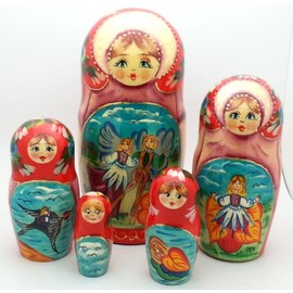 Thumbelina Fairy Tale Russian Hand Carved Hand Painted Nesting 5 Piece Doll Set / 7"