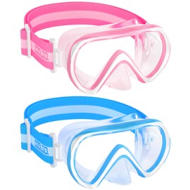 COOLOO Kids Swim Goggles with Nose Cover, 2 Packs Diving Mask Elastic Fabric Strap No-Leaking Goggles for Kids 6-14, Anti Fog Tempered 180° Glass Wide View Clear Lens Boys Girls