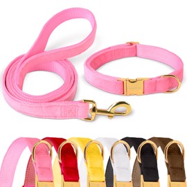 GAMUDA Collar y correa de terciopelo para perro, súper suave y suave, hebilla dorada resistente, cómodo y fácil de limpiar, collar ajustable para perro (L, rosa)