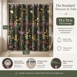 Floral Shower Curtain 72x72 Inch,Dark Botanical Cottagecore Bathroom Decor