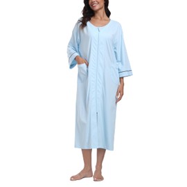 ANLIQI Women Zipper Robe 100% Cotton 3/4 Sleeve Full Length Housecoats Lightweight Long Bathrobe with Pockets Loungewear Nightgown (LB,M)
