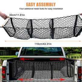 ConBlom Cargo Net with Hooks, 3 Pocket Trunk Cargo Organizer Mesh Storage Net, Heavy Duty Cargo Net with Free Four Metal Carabiners for Pickup Trunk Beds SUV Trailer Van