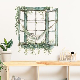 Mestiker 3d Landscape Old Wooden Window Fake Window Sticker Poster Window Scenery Wall Sticker Flower Plant Cat Green Wisteria Decorative Plant Sticker Wall Sticker Removable Removable Stylish
