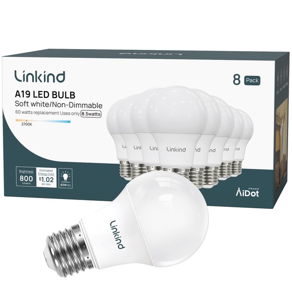 Linkind A19 LED Light Bulbs, 60W Equivalent LED Bulbs, 8.5W