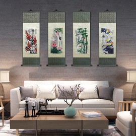Silk Scroll Picture Asian Wall Decoration Silk Painting 4 Righteous Men Flowers - Plum Orchid Bamboo Chrysanthemum - Bamboo Chinese Art Wall Roll Hanging Picture Roll Oriental Decor