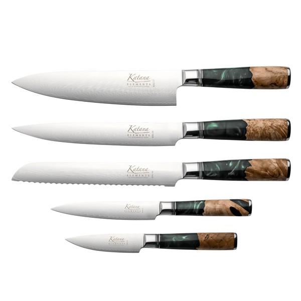 GRUNWERG Katana Elements 6-Piece Knife Block Set : Includes Pairing/Utility/Bread/Carving/Chef