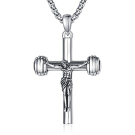 ADMETUS Sterling Silver Crucifix Necklace for Men Jesus Dumbbell Cross Pendant Jewelry Amult Protection Religious Gifts for Men