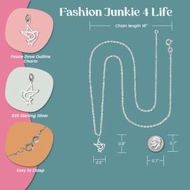 FashionJunkie4Life Sterling Silver Dove Outline Charm Pendant Necklace, 18" Sterling Silver Cable Chain