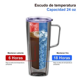 LSXD Vaso Térmico 24oz con Asa, Taza Café Acero Inoxidable de Doble Pared Aislada al Vacío,Vaso para Cafe con Tapa a Prueba de Fugas y Pajita, Termo de Viaje Portátil para Té Café Agua Fría y Caliente