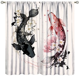 Koi Fish Curtains, Yin Yang Japanese Koi Cherry Blossom Room Darkening Blackout Window Curtains, Window Treatment Decor for Living Room 21" W x 45" L x2【Blackout】