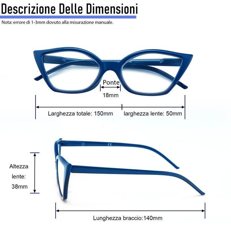 Kodilin Lesebrille für Damen, Anti-Licht, blaues Katzenauge, PC-Brille mit Federscharnier,