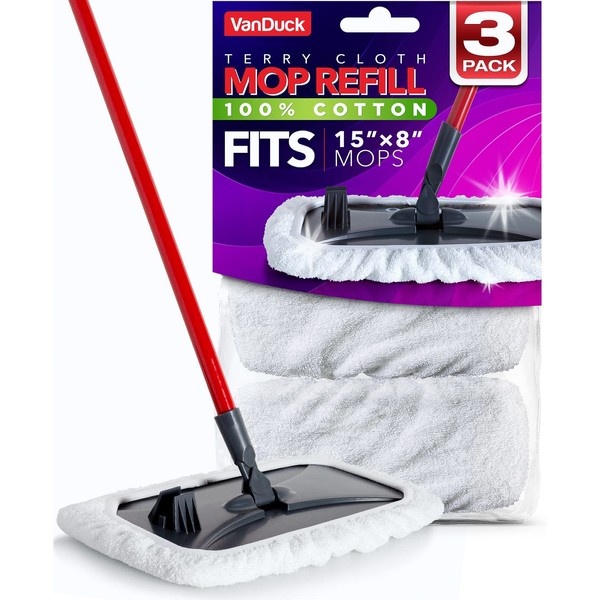 VanDuck 100% Cotton Terry Mop Pads 15x8 Inches 3-Pack, Terry Cloth Mop Covers (Mop is Not Included)