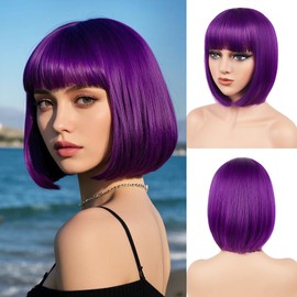 BATISI Dark Purple Bob Wig for Women 12 Inch Short Straight Wigs Flat Bangs Synthetic Colorful Costume Cosplay Daily Party Neon Wig