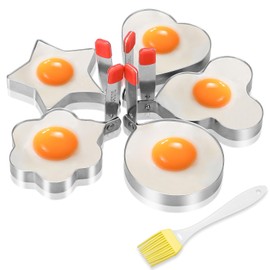 Pack of 5 Fried Egg Moulds for the Pan, Fried Egg Mould, Stainless Steel, Heart-Shaped Flower-Shaped Star-Shaped Mouse-shaped, Poached Egg Mould, 3.5 Inch Round Egg Mould with Oil Brush for Omelette
