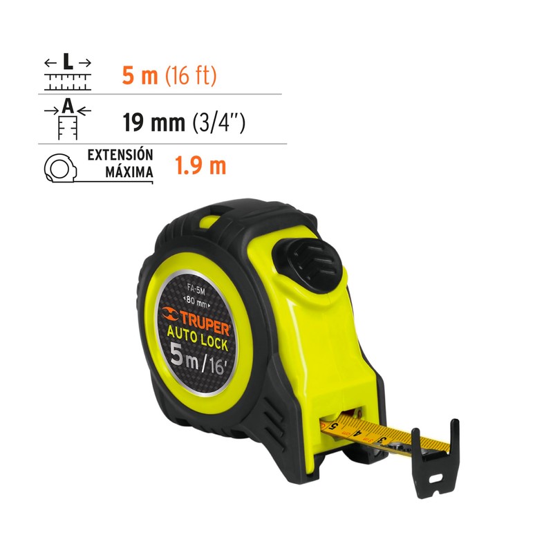 Truper FA-5M, Flexómetro Auto-Lock contra impactos 5 m cinta 19