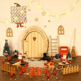 Goffii Gnome Door Set, 40 Pieces Gnome Door Accessories Christmas with Light, Gnome Door, Complete Set with Construction Site, DIY Gifts for Children, Gnome Accessories with Fairy Door, Mailbox,