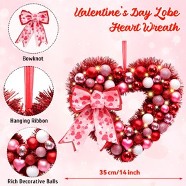 Alupssuc 14" Inch Valentine Heart Wreath with Bowknot and Lights by Batteries Operated for Front Door Wall Windows Valentine's Day Wedding Party Romantic Decorations,Gifts for Her/Him/Women/Men,Red