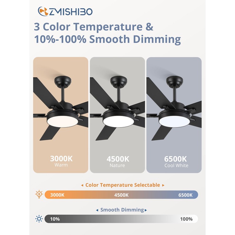 ZMISHIBO 52 Inch Ceiling Fans with Lights, Smart Remote/APP Control,