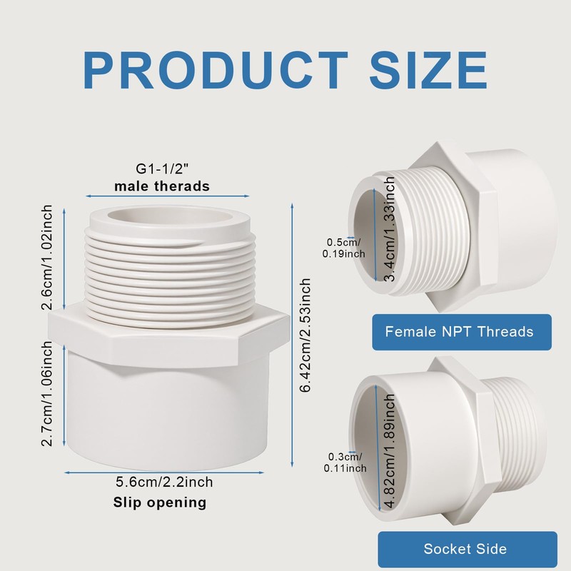 1.5 Inch Male Thread PVC Fittings White 2-Way PVC Pipe