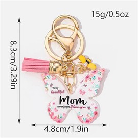 Pink Butterfly Tassel Acrylic Keyring for Birthday Mother's Day, Golden Mum Keyring, Mum Gifts from Daughter Son, Stainless Steel Mom Keychain