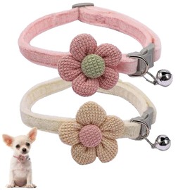 XS Dog Collar with Bell and Flower, 2 Pack Puppy Collars with Bell and Floral Girl Cute for XXS XS Extra Small Female Dogs Cats Tiny Pets Little Kitten Yorkie Chihuahua Pink Beige